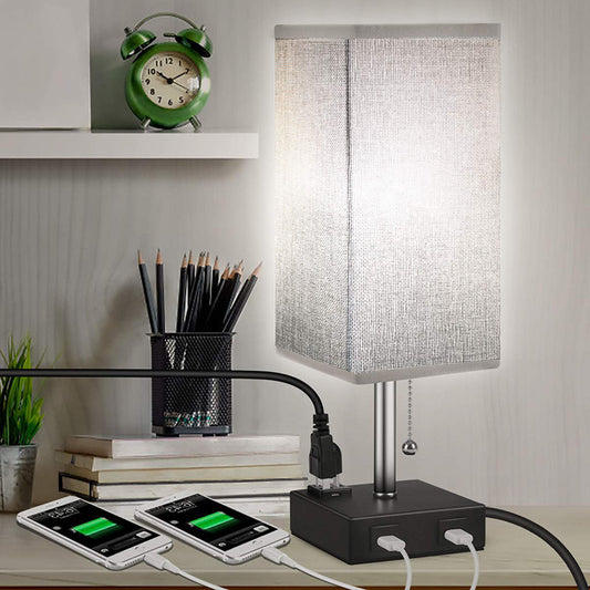 Modern Table Lamp – Dual USB + Extra Outlet, Hemp or Gray Shade