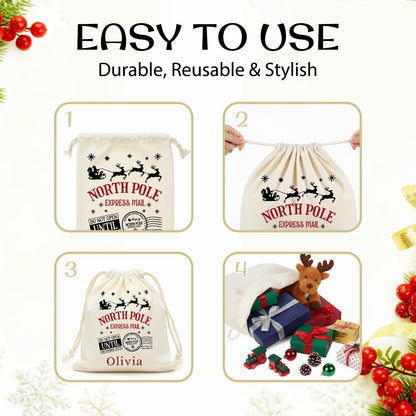 Sac cadeau en toile Pôle Nord Express – Rangement de Noël personnalisé disponible en 5 tailles