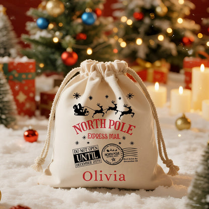 Sac cadeau en toile Pôle Nord Express – Rangement de Noël personnalisé disponible en 5 tailles