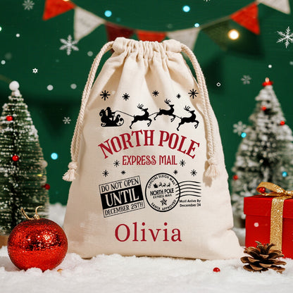 Sac cadeau en toile Pôle Nord Express – Rangement de Noël personnalisé disponible en 5 tailles