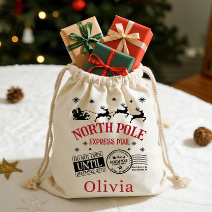 Sac cadeau en toile Pôle Nord Express – Rangement de Noël personnalisé disponible en 5 tailles