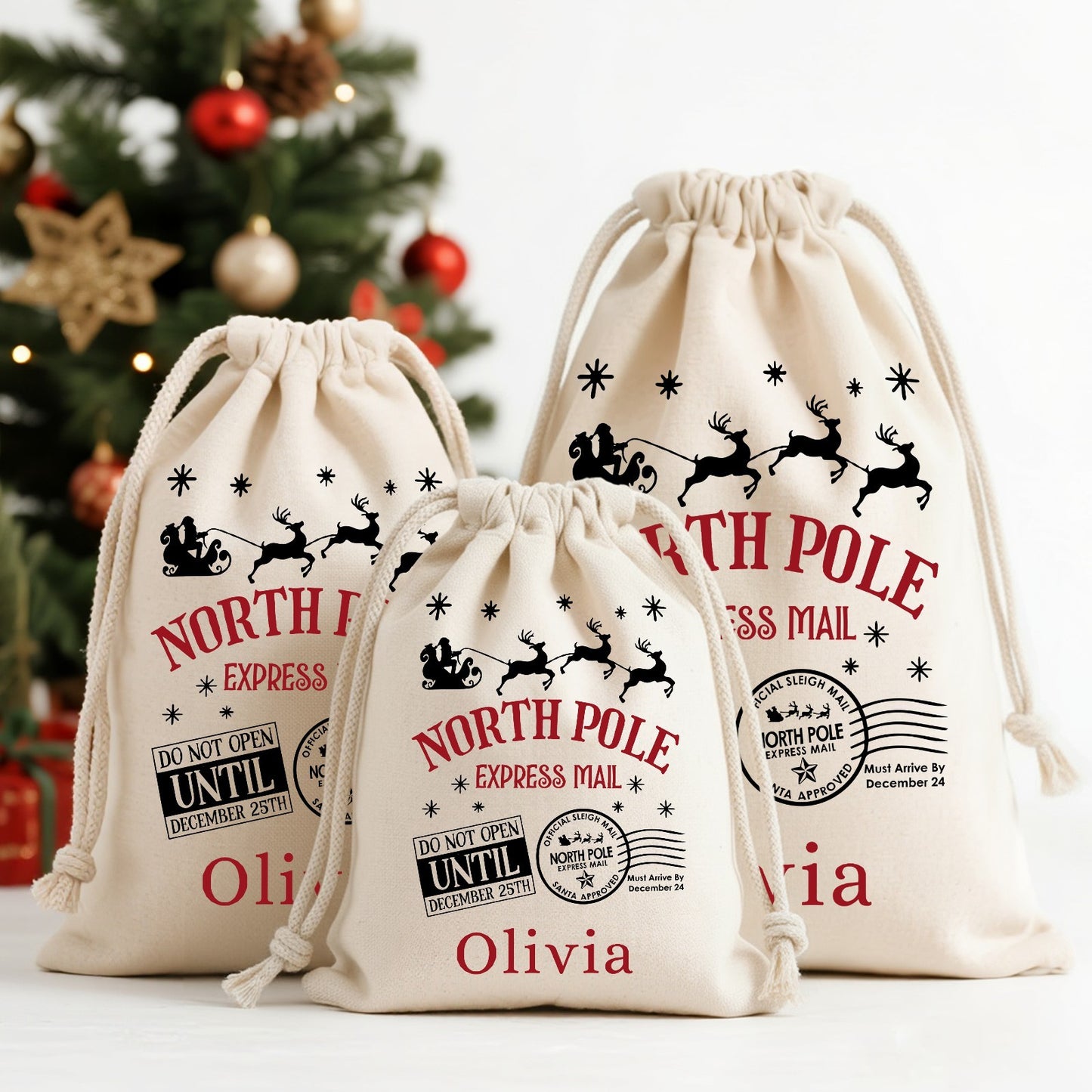 Sac cadeau en toile Pôle Nord Express – Rangement de Noël personnalisé disponible en 5 tailles