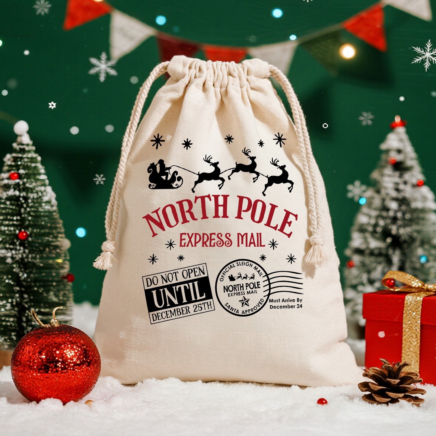 Sac cadeau en toile Pôle Nord Express – Rangement de Noël personnalisé disponible en 5 tailles