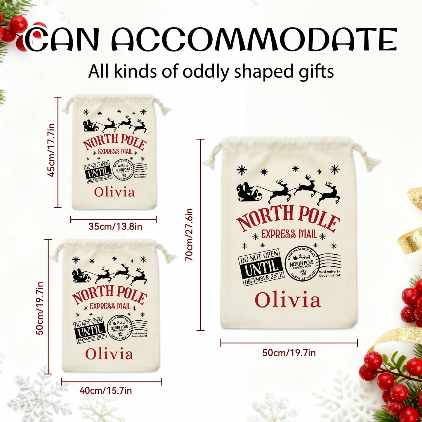 Sac cadeau en toile Pôle Nord Express – Rangement de Noël personnalisé disponible en 5 tailles